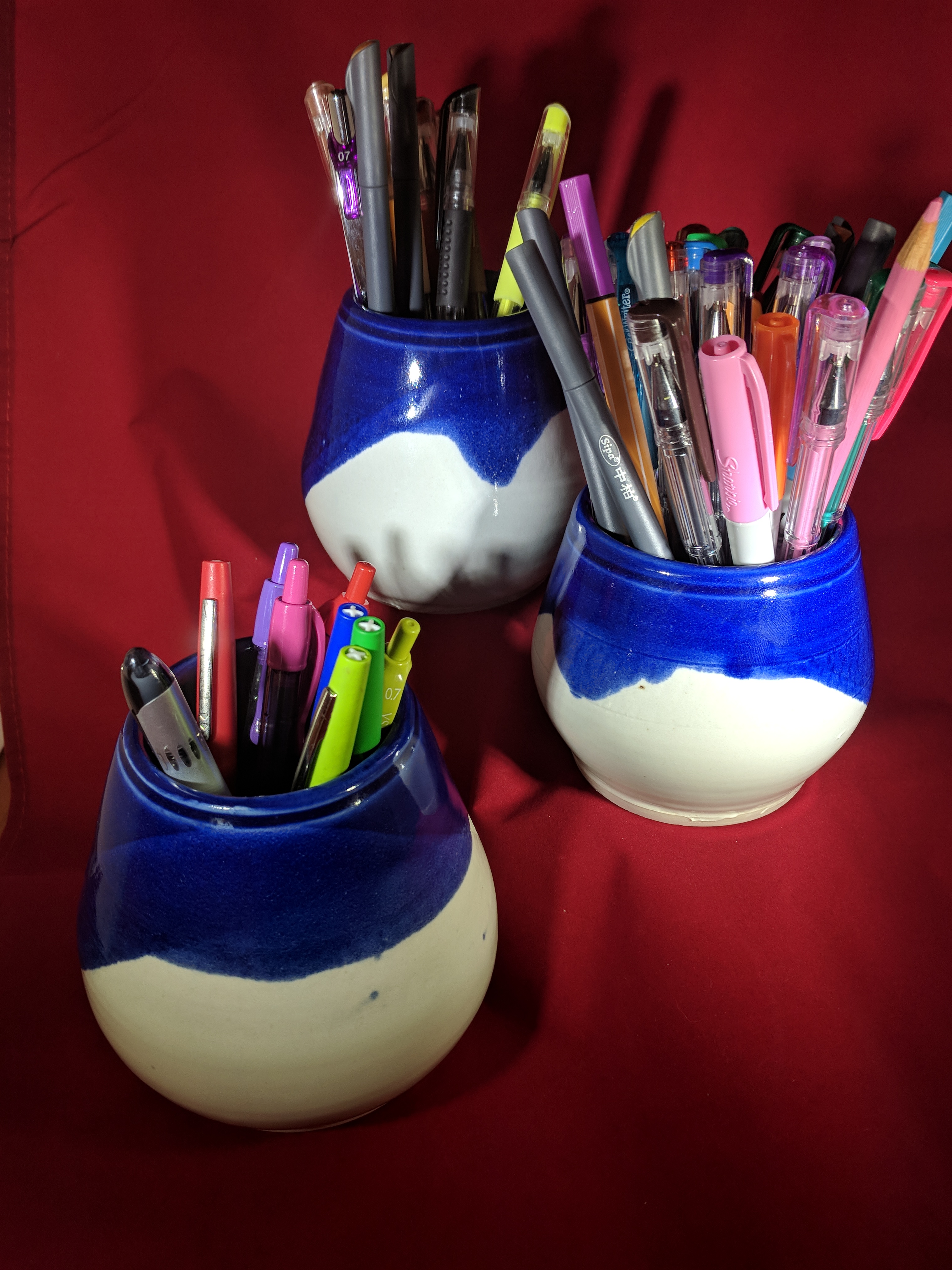 3 Cobalt and white porcelain pencil/pen holders